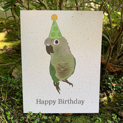 A cream colored speckled greeting card, with Happy Birthday written at the bottom in black ink. Centered above the text is a sassy green cheek conure with shades of green, black, and grey, wearing a dotted green hat with a golden poof.