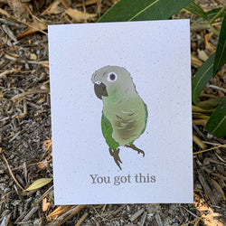 A cream colored speckled greeting card, with You got this written at the bottom in black ink. Centered above the text is a sassy green cheek conure with shades of green, grey, and black.